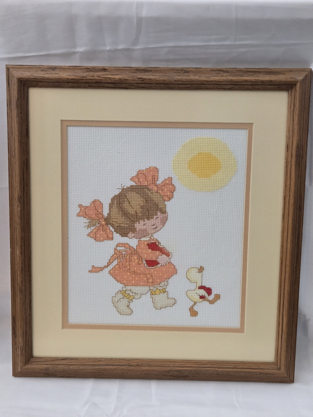 Framed Cross Stitch Girl & Duck Handmade Needlework Cottagecore 15"